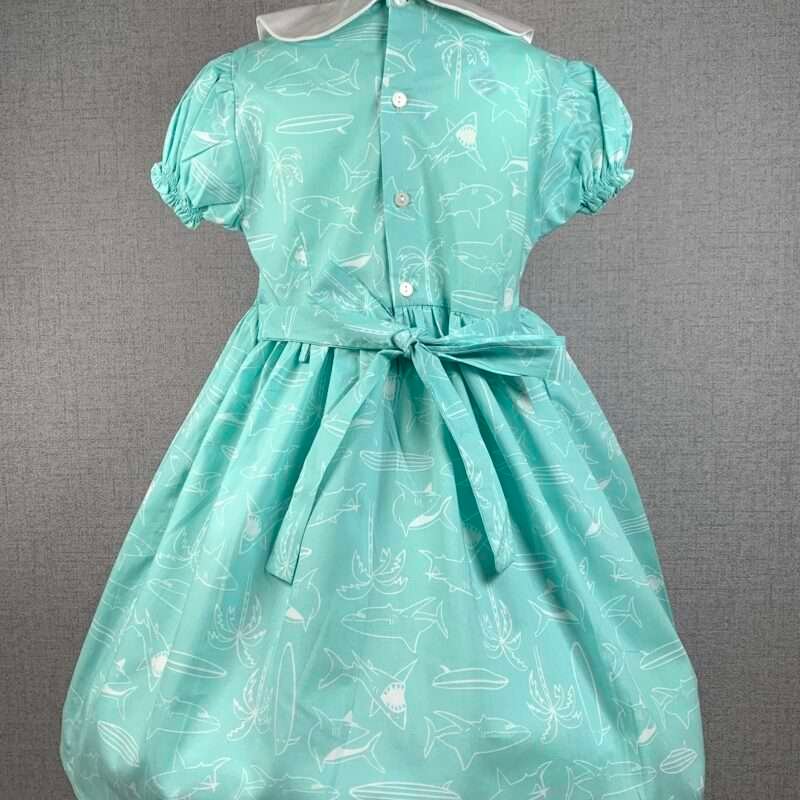 Girls Pastel Green Smocked Dress With Shark Print - Image 3