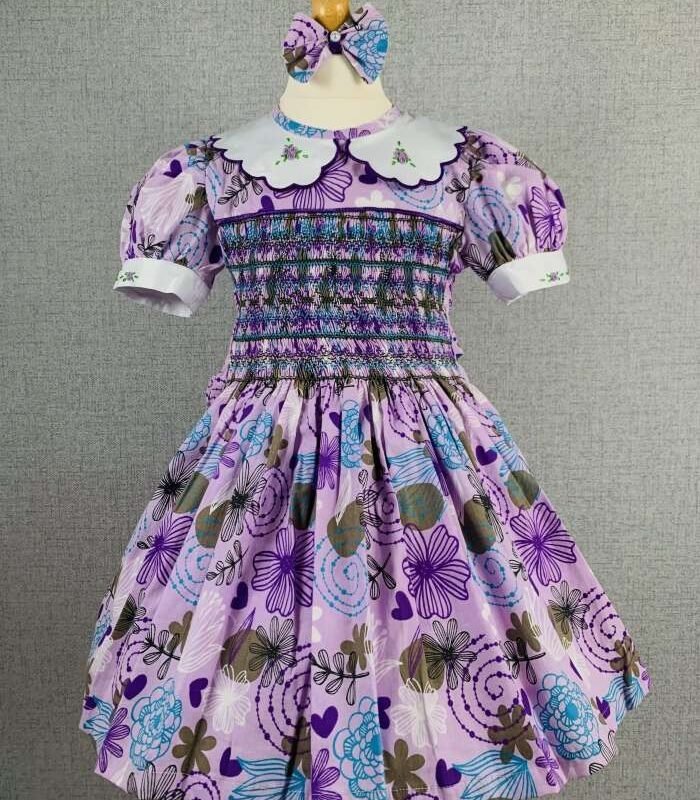 Girls Purple, Blue and Green Smocked Dress With Lining - Image 2