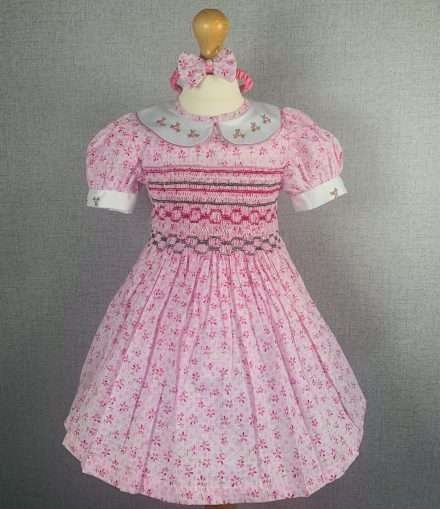 Girls Pink Small Floral Print Smocked Dress With Lining