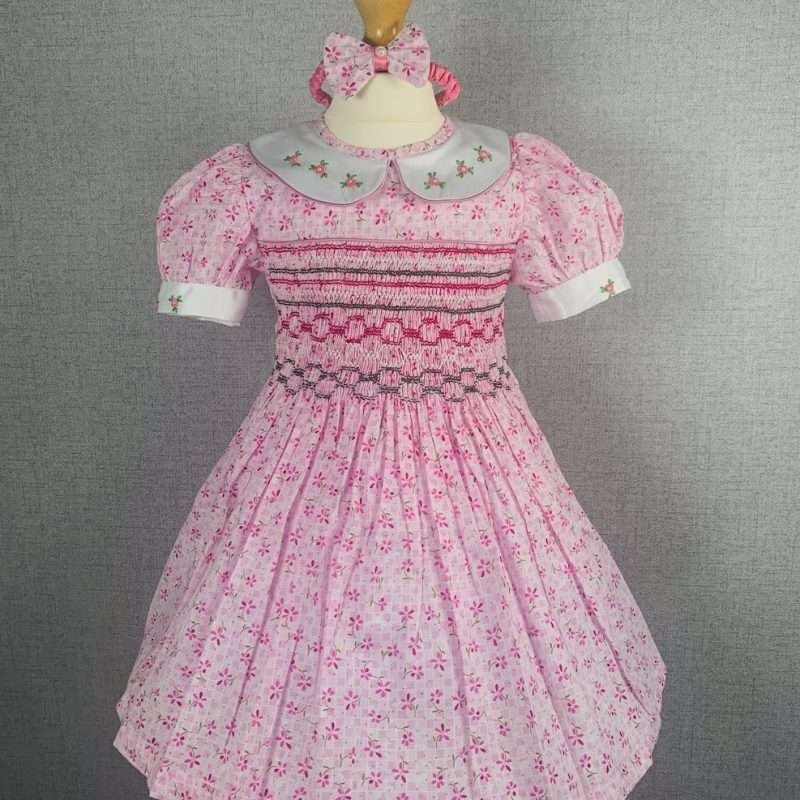 Girls Pink Small Floral Print Smocked Dress With Lining