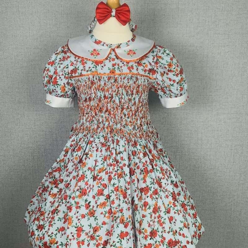 Girls Red and Orange Floral Smocked Dress With Lining - Image 2