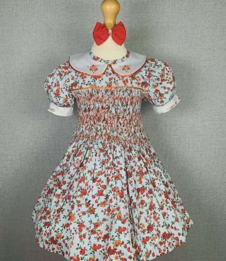 Girls Red and Orange Floral Smocked Dress With Lining