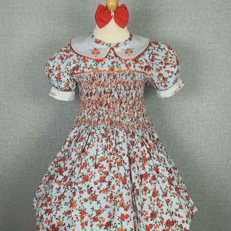 Girls Red and Orange Floral Smocked Dress With Lining