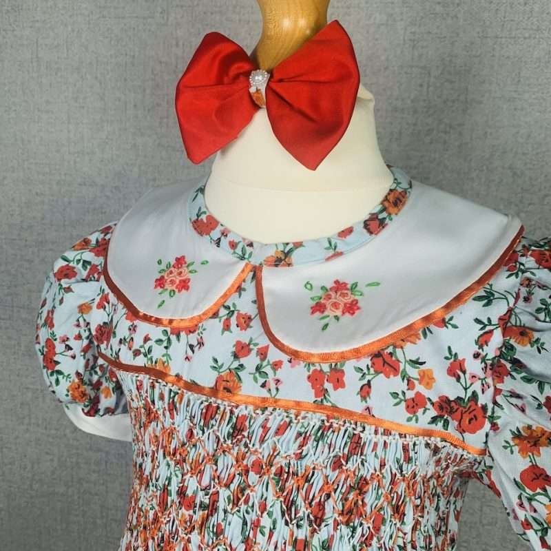 Girls Red and Orange Floral Smocked Dress With Lining - Image 3