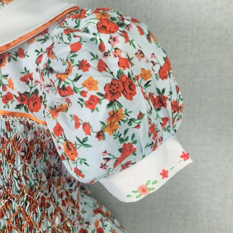 Girls Red and Orange Floral Smocked Dress With Lining - Image 4