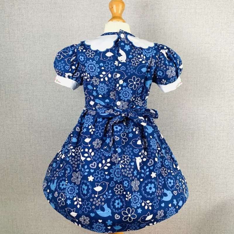 Girls Blue and White Print Smocked Dress With Lining - Image 4