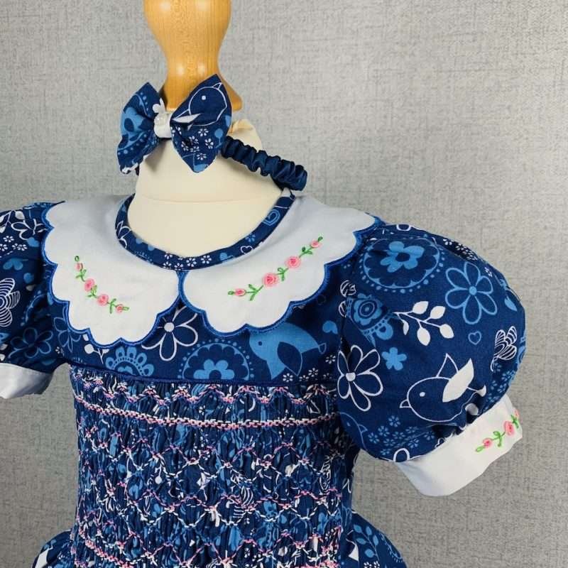 Girls Blue and White Print Smocked Dress With Lining - Image 3