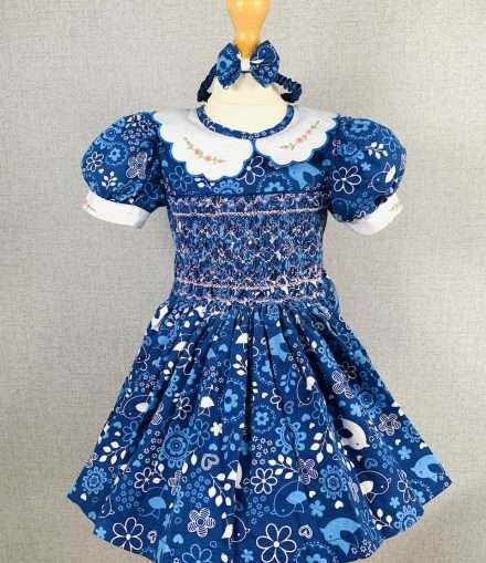 Girls Blue and White Print Smocked Dress With Lining