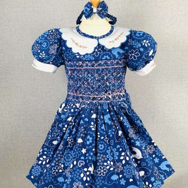 Girls Blue and White Print Smocked Dress With Lining