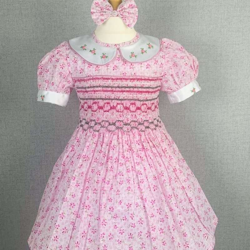 Girls Pink Small Floral Print Smocked Dress With Lining - Image 2