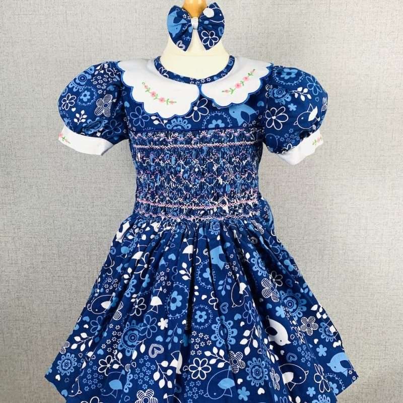 Girls Blue and White Print Smocked Dress With Lining - Image 2
