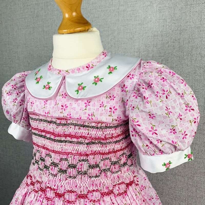 Girls Pink Small Floral Print Smocked Dress With Lining - Image 3