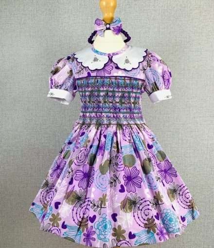 Girls Purple, Blue and Green Smocked Dress With Lining
