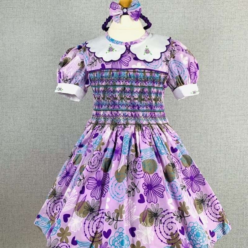 Girls Purple, Blue and Green Smocked Dress With Lining