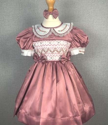 Girls Dark Pink Smocked Party Dress With Lining