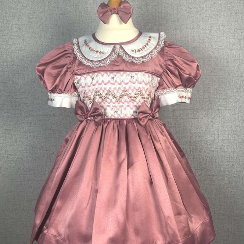 Girls Dark Pink Smocked Party Dress With Lining