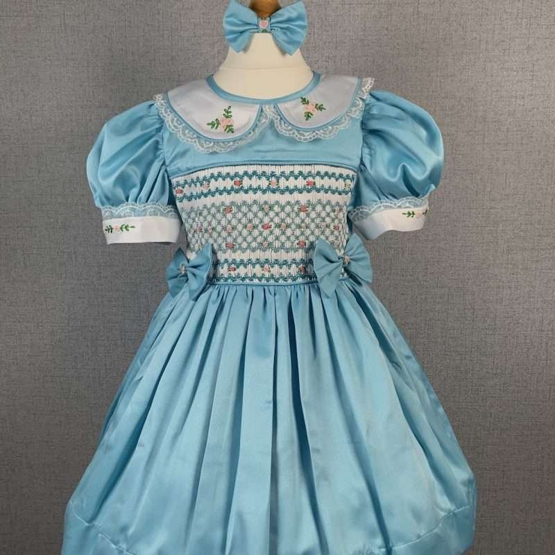 Girls Blue Smocked Party Dress With Lining
