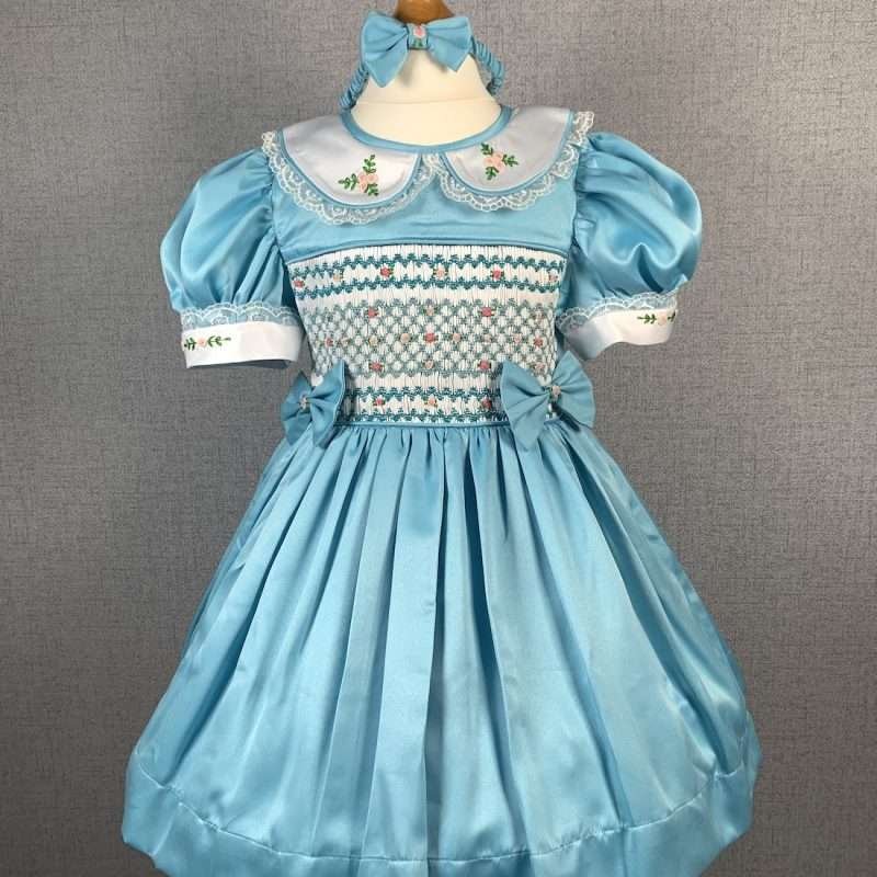 Girls Blue Smocked Party Dress With Lining - Image 3