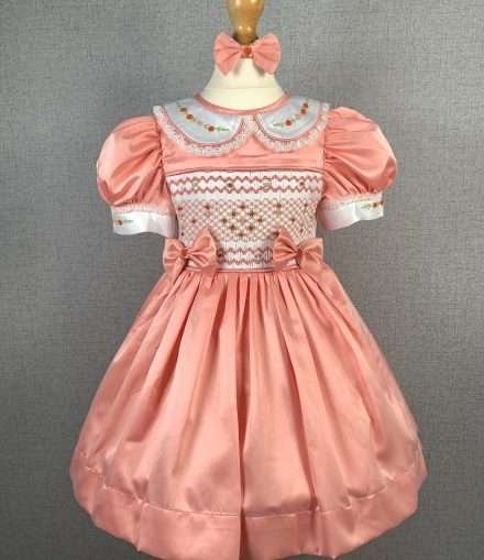 Girls Peach Smocked Party Dress With Lining