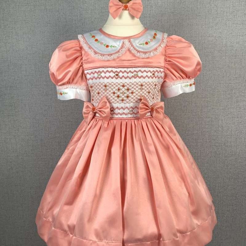 Girls Peach Smocked Party Dress With Lining
