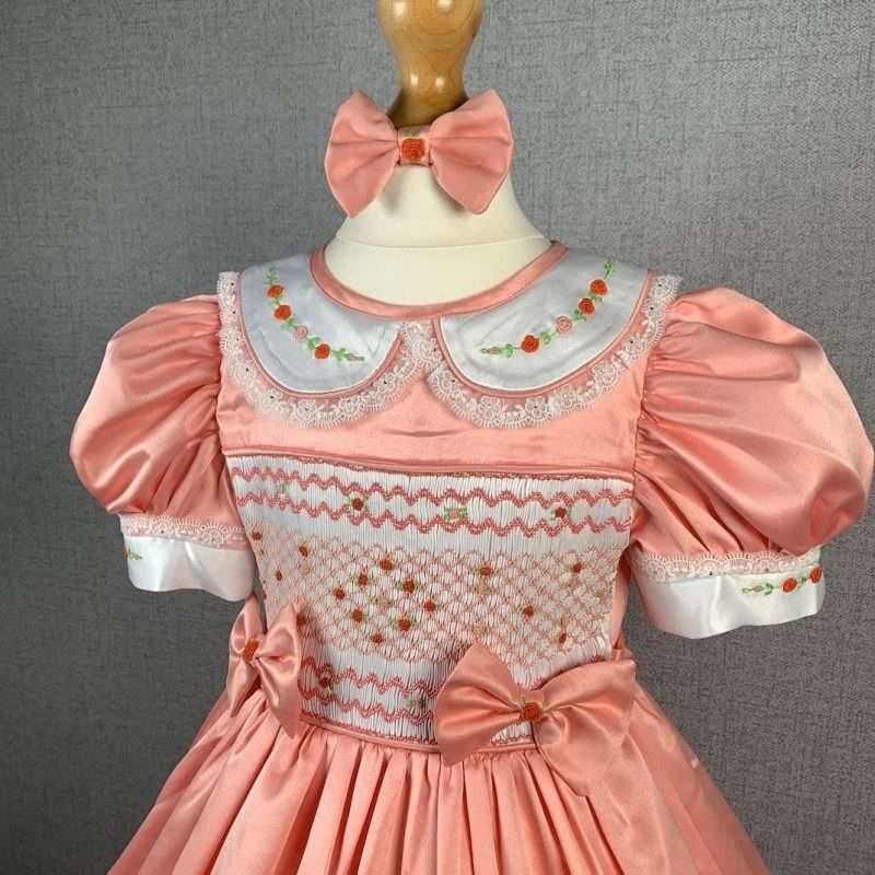 Girls Peach Smocked Party Dress With Lining - Image 2