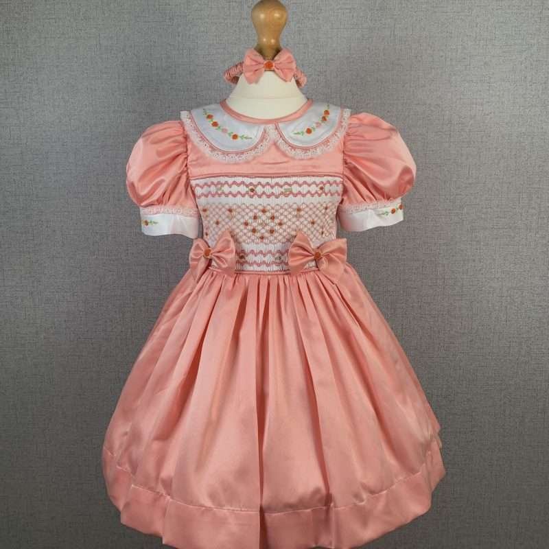 Girls Peach Smocked Party Dress With Lining - Image 3