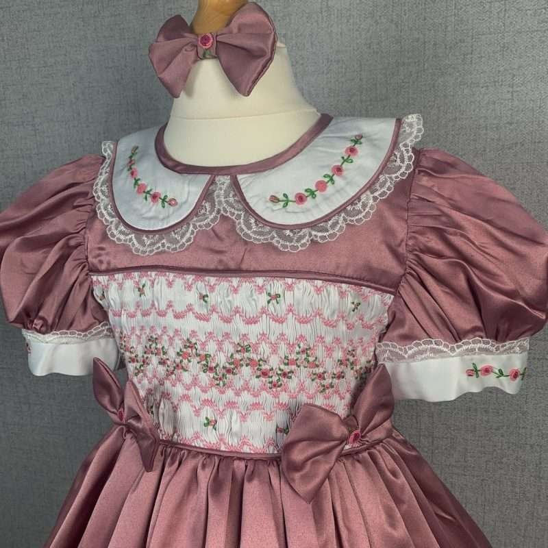Girls Dark Pink Smocked Party Dress With Lining - Image 2