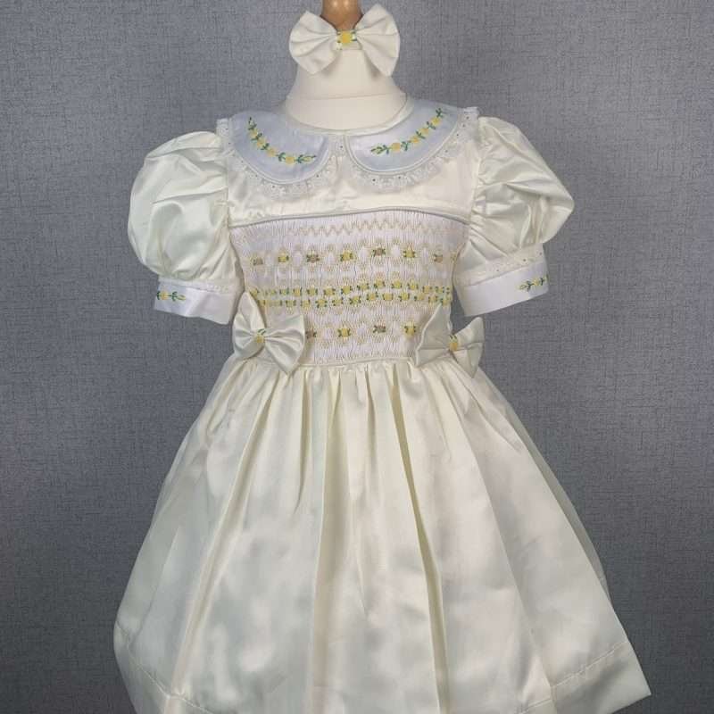 Girls Ivory Smocked Party Dress With Lining