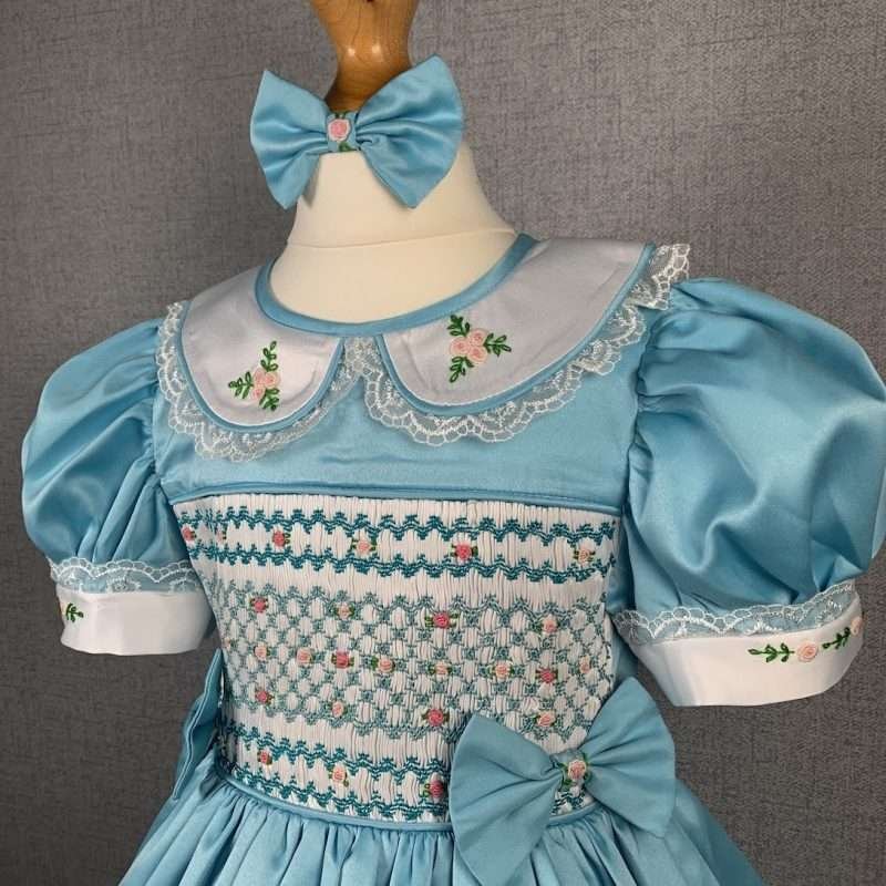 Girls Blue Smocked Party Dress With Lining - Image 2